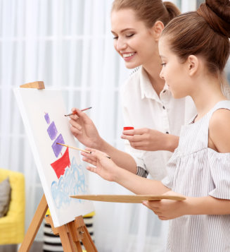 woman teaching a child in painting